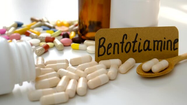 Benfotiamine capsules and vitamin supplements. Selective focus.