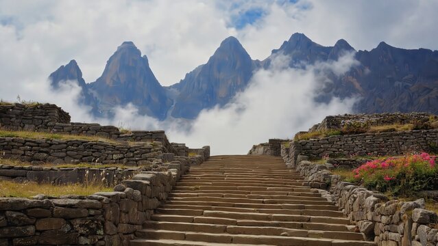 Ancient Inca Stone Stairway Ascending to Majestic Andes Mountains with Mist and Cloudscape Landscape