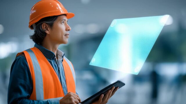 Focused construction professional interacts with virtual touchscreen display, showcasing smart technology integration in engineering. Digital transformation enhances productivity and safety on site