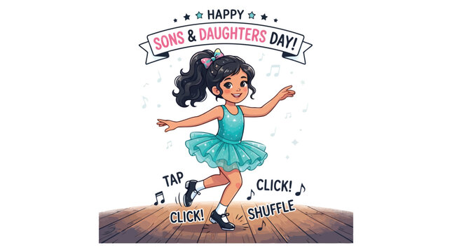 Young girl tap dancing on wooden stage for sons and daughters day celebration vector illustration design style