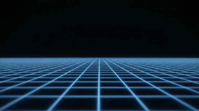 Glowing blue grid lines stretching into infinite digital space with futuristic neon ambiance. Perfect for tech branding, sci-fi visuals, cybersecurity content, AI presentations or gaming interfaces