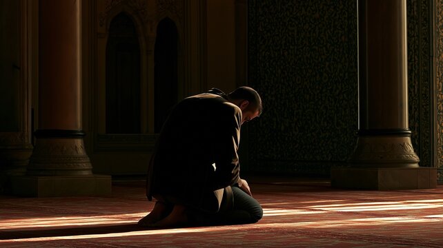 A Muslim guy praying at dusk at a mosque, concepts of faith, spirituality, devotion, worship, Ramadan, Eid, and Islamic culture.