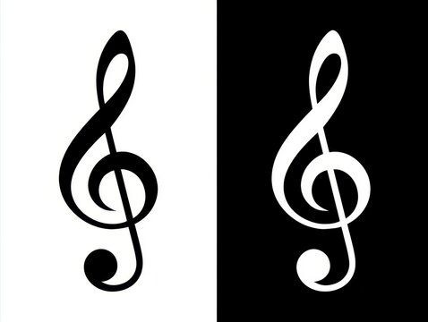 Treble clef musical symbol, black silhouette and white inverse version, classic music notation icon for audio, sound, and melody concepts, isolated on white background