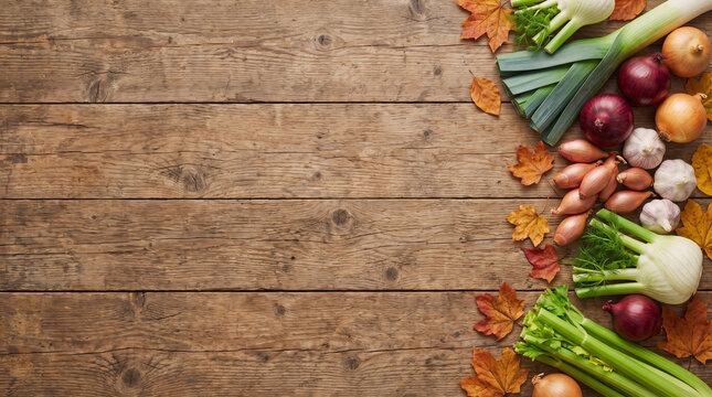 Thanksgiving Autumn Harvest Day onions garlic celery leeks shallots and fall leaves arranged as a right border on rustic wood table background with copy space for seasonal cooking banner