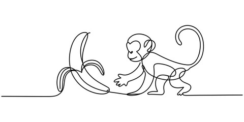 Continuous single line drawing of a cute monkey reaching for a banana Vector, illustration © Nano Creator