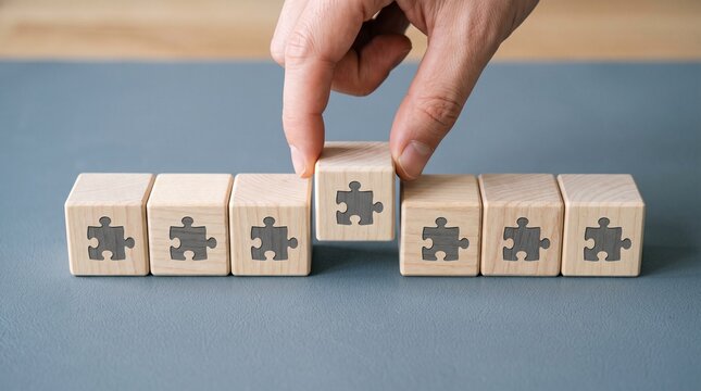 Wooden puzzle blocks for business strategy, hand placing final jigsaw piece in row of cubes, concept of teamwork and problem solving solutions