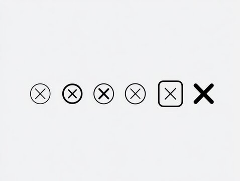 Set of cross mark or x icons in various circular and square styles, isolated on white background