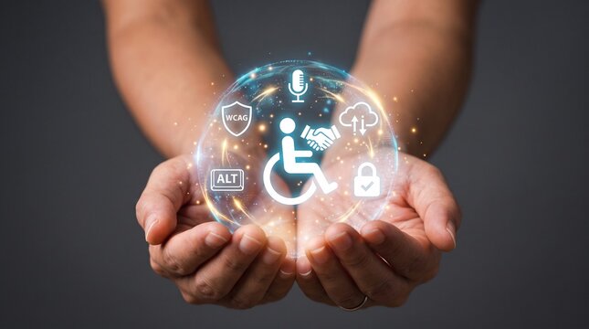 Digital accessibility and inclusion concept, hands holding glowing glass sphere with disability icons, web compliance and diversity technology