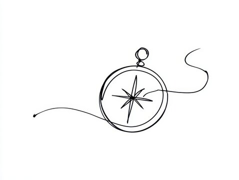 Minimalist continuous line drawing of a vintage compass, representing navigation, travel, exploration, and adventure