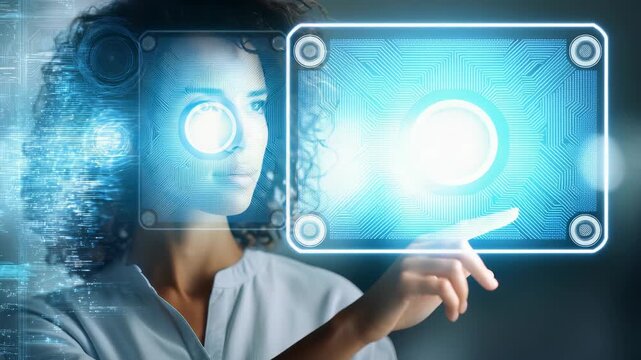 A young woman uses a high tech facial recognition system, representing the future of secure identification and AI driven solutions. The scene conveys innovation, technology, and digital transformation