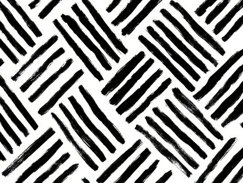 Abstract handdrawn brush stroke pattern, diagonal black stripes on white background, seamless artistic texture for textile design, isolated on white background