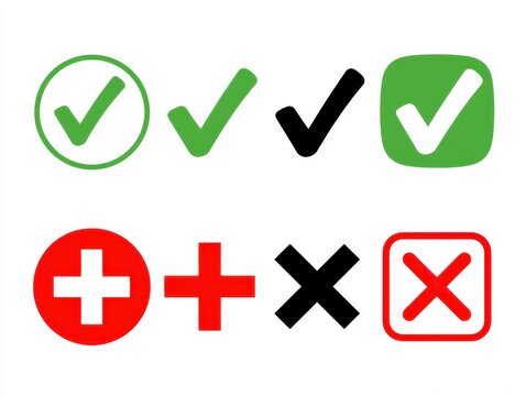 Collection of check mark and cross mark icons in various styles including circles, squares, and simple shapes isolated on white background