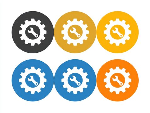 Collection of six gear icons with a wrench symbol inside, featuring various colors and styles isolated on white background