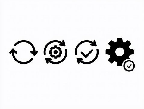 Set of update and settings icons, circular arrows with gear and checkmark symbols isolated on white background