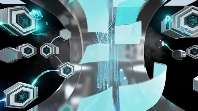 Wide cinematic shot of a self-organizing AI ecosystem with floating workflow modules connected by luminous neural pathways, dynamic energy circulation, dark futuristic environment