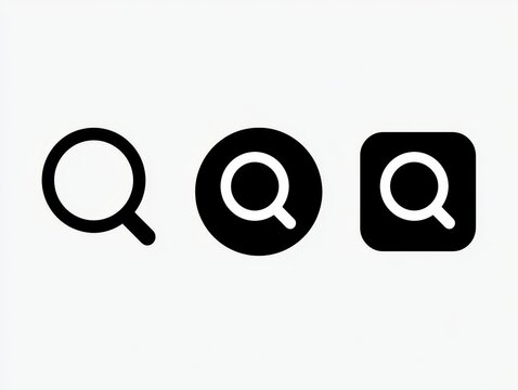 Set of three search icons in different styles, including standard outline, circular background, and rounded square background, representing find or zoom