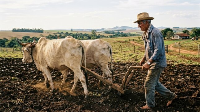 Elderly farmer with oxen plowing a field in a rural landscape at sunset