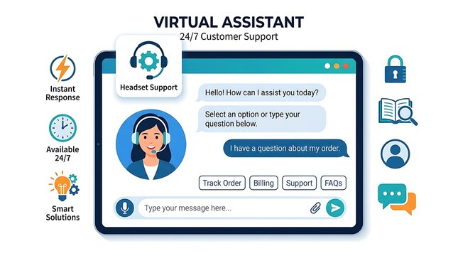 Virtual assistant customer support interface. Online chatbot service with digital icons.