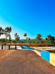 Fototapeta premium Scenic rural path leading towards a green forest under a clear blue sky