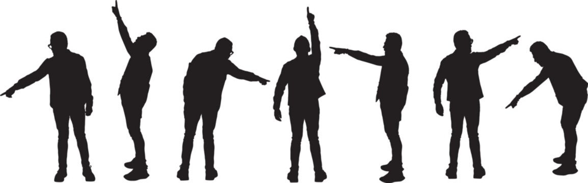 vector, silhouette of the same man standing and pointing his finger in all directions