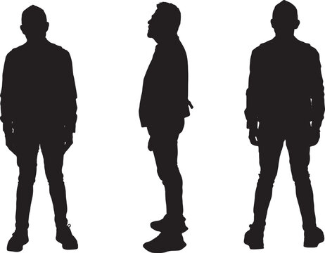 vector,  silhouette of Front, side and back view of a group of same man standing