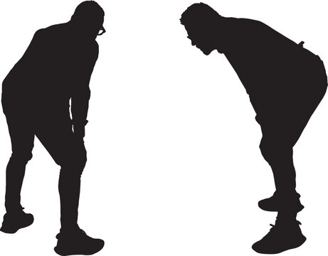 vector, silhouette of side and back view of a same  man bent and  looking down