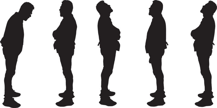 vector, silhouette of side view of a group of same man standing