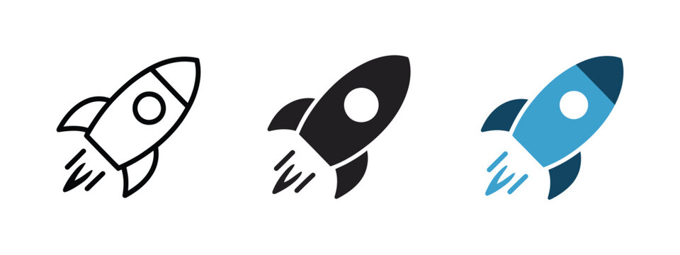 Rocket launch icon set, startup business growth, innovation, project development, acceleration, marketing strategy, successful progress, upward direction, vector illustration.