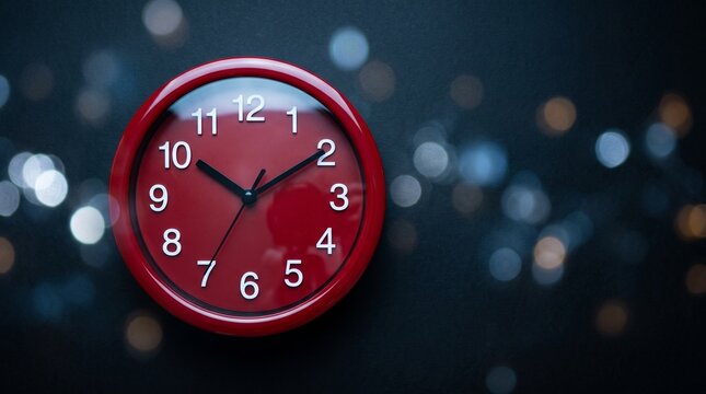 Red analog clock with bold numbers on dark background and blurred lights