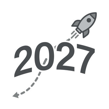 Rocket ship flying over year 2027 text.