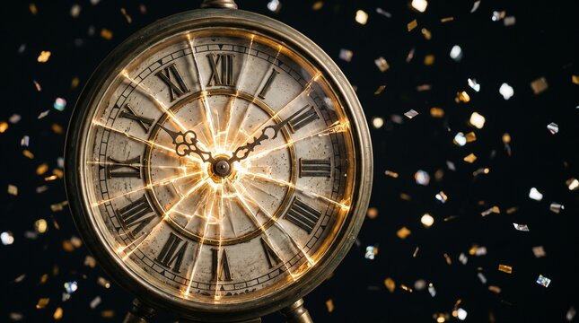 Close up of a vintage clock face with glowing light and falling confetti