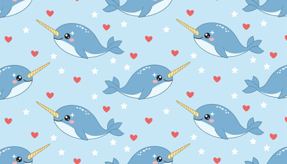 Naklejka premium Cute cartoon narwhal pattern with pink hearts and white stars on a light blue background.