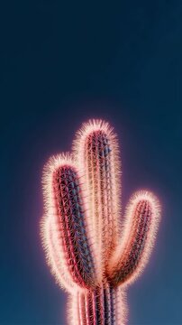 Glowing neon cactus with vibrant pink and blue lighting on dark background, animated desert plant with futuristic cyberpunk aesthetic, perfect for motion graphics, digital art and modern visual design