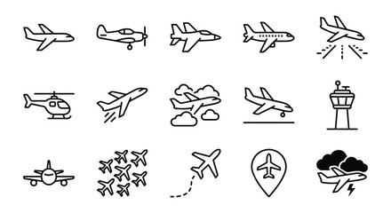 Collection Of Airplane Icons And Weather Symbols Linear Style On A White Background aeroplane aircraft aviation flight © Icon Zone