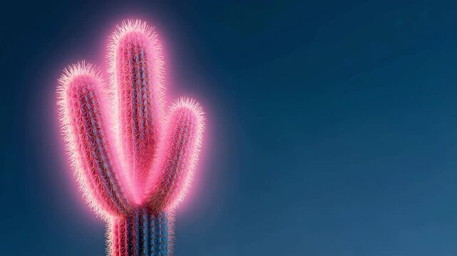 Glowing neon cactus with vibrant pink and blue lighting on dark background, animated desert plant with futuristic cyberpunk aesthetic, perfect for motion graphics, digital art and modern visual design