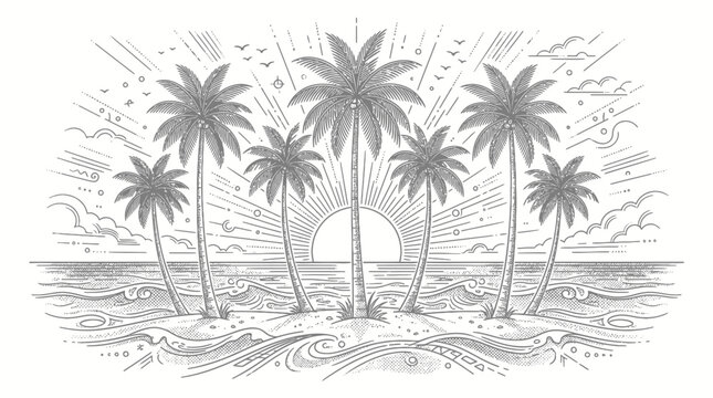 Tropical beach palm tree line art illustration.
