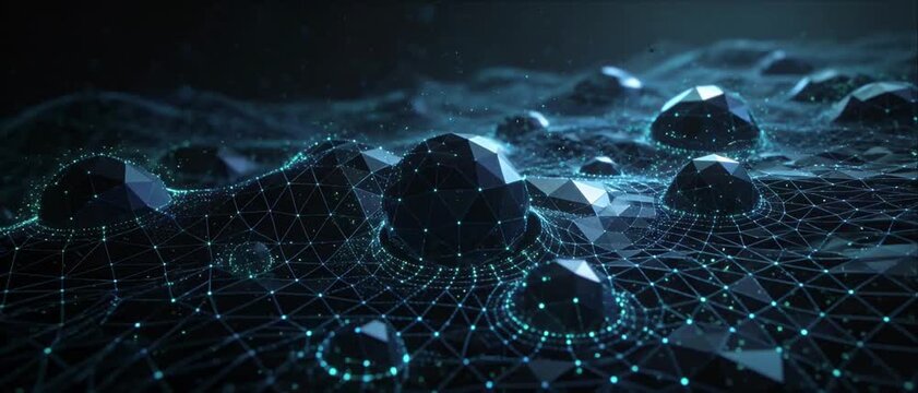 Abstract digital landscape, low poly glowing network grid, dark background, polygon mesh, data nodes, futuristic terrain, 3D render, motion effect, turquoise light, cyber virtual environment