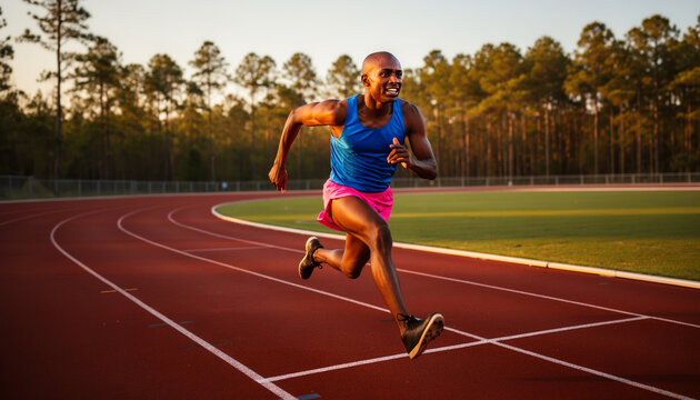 Determined African male sprinter running fast on red stadium track holding baton during relay race training dynamic action shot sunset athletic performance outdoor