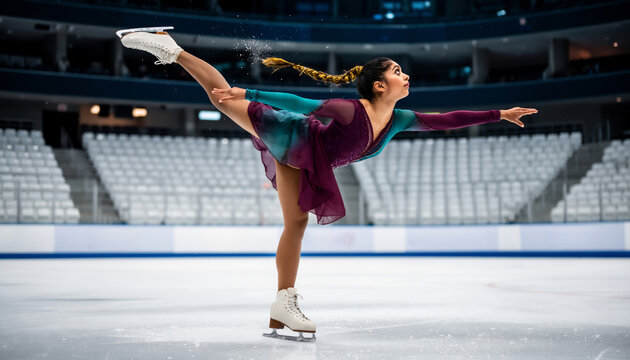 Graceful female figure skater executing camel spin element on ice arena wearing colorful dress indoor competition performance dynamic balance motion athletic show