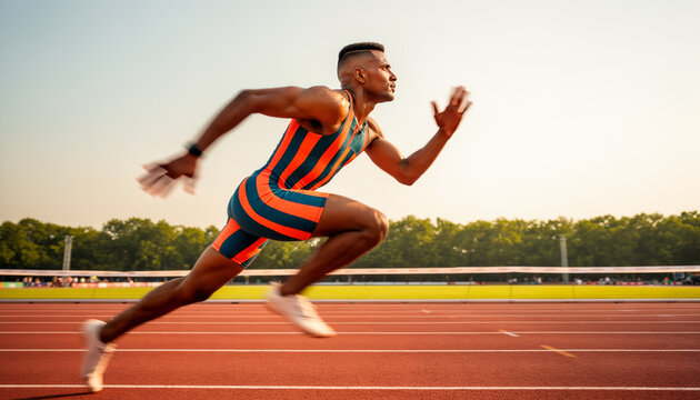 Side view of male sprinter in striped athletic suit running fast along stadium red track outdoor blurred background warm sunlight dynamic motion exercise action