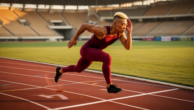 Athletic Asian male sprinter exploding off starting line running on outdoor red track sunny stadium dynamic low angle side view action fast speed motion workout