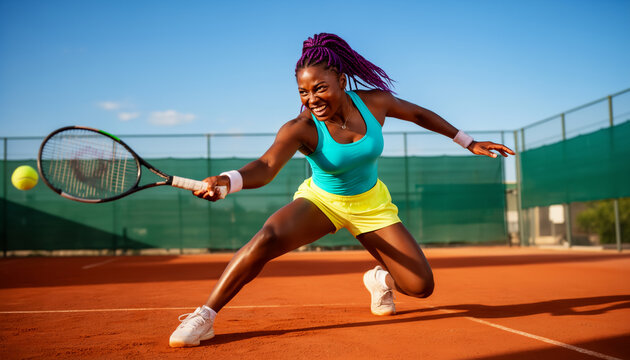 Active African American female tennis player sliding on red clay court reaching for ball with racket sunny outdoor match competition dynamic movement action view