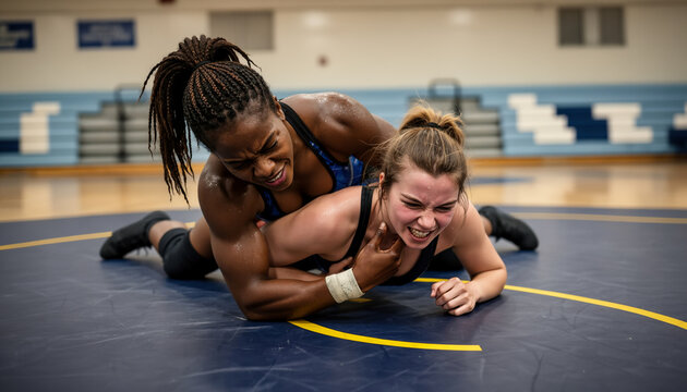 Two strong female wrestlers fighting on mat during intense indoor wrestling match sport hall athletic competition action hold submission battle exercise