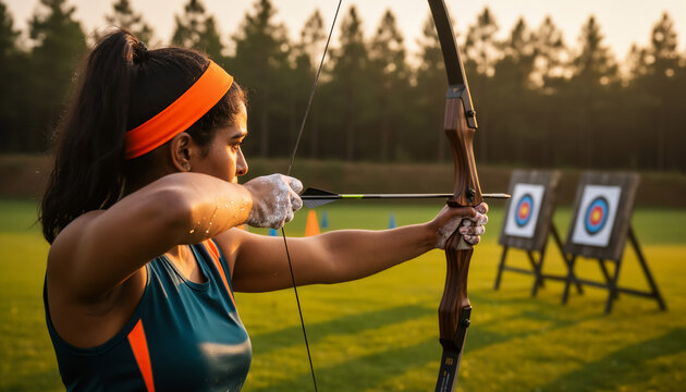 Side profile view of young female archer aiming bow and arrow at target board outdoor field green trees summer sunlight archery practice training session