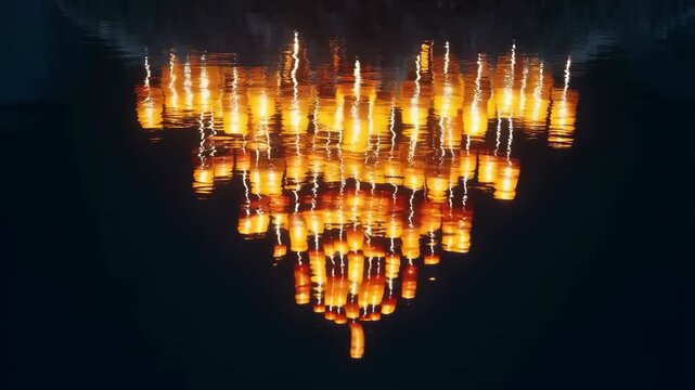 Warm golden light reflections on dark water at night forming stacked rings, vertical streaks, and tapered triangular glow with moody abstract symmetry surface, with reflection, light, water, night