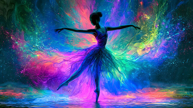 Psychedelic ballet art with graceful dancer movement and vibrant surreal fantasy colors