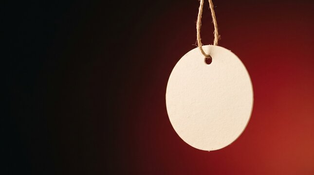 Blank round paper tag hanging by a twine string against a dark gradient background