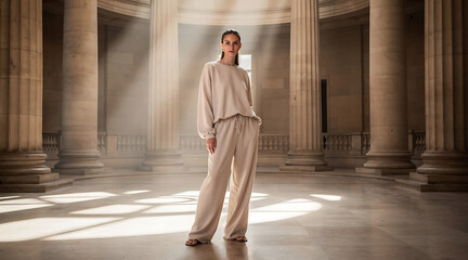 Fototapeta premium Woman standing in ancient columns sunlight.