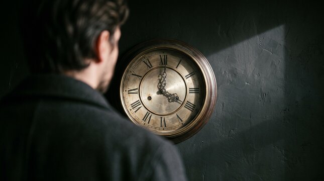 Man looking at an antique clock on a textured wall with dramatic lighting