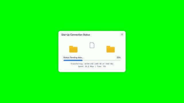 Data connection status window displays a progress bar while transferring a document between two yellow folders on a green background.